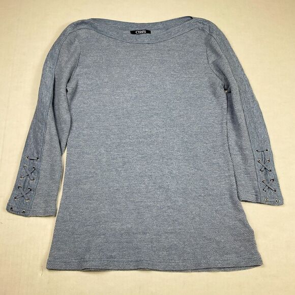 Chaps Womens Knit Shirt Blue Lace Up 3/4 Sleeve Boat Neck Casual Top Size SMALL - Picture 1 of 10